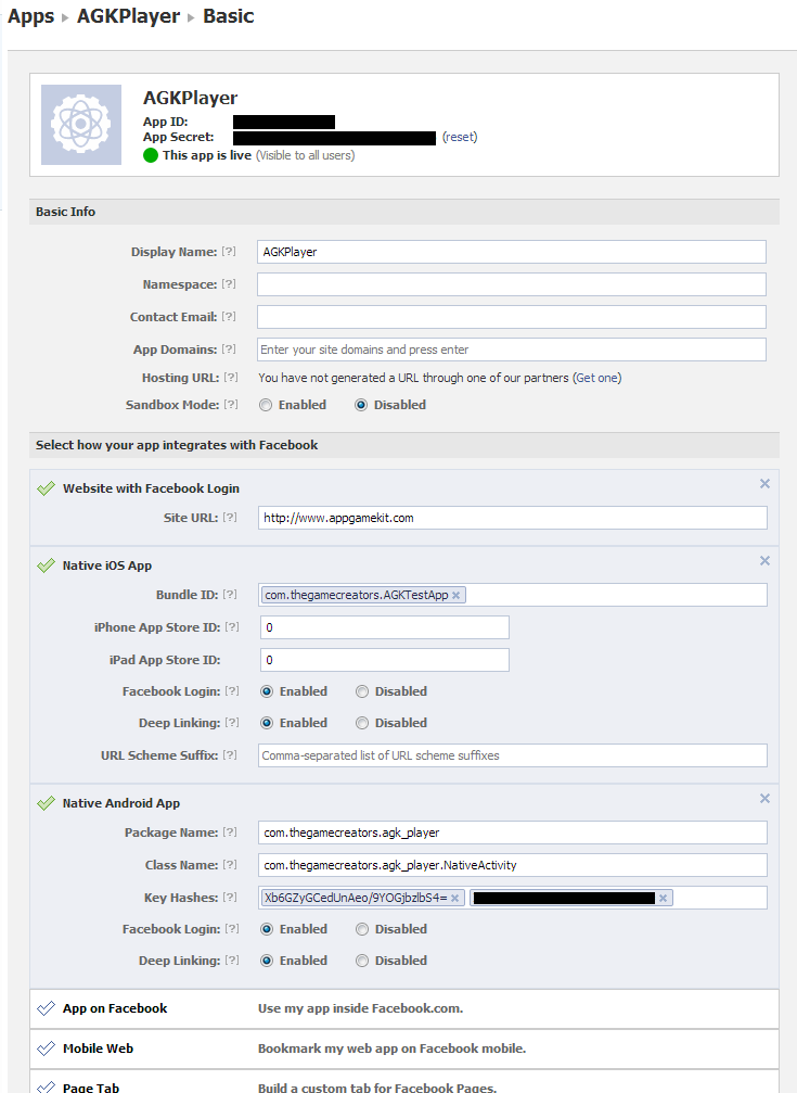 Facebook login documentation - configuration page